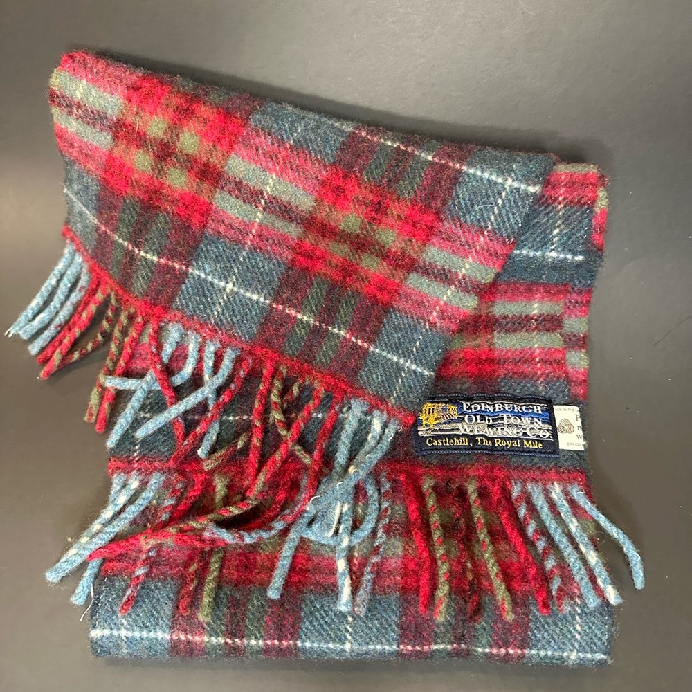 Vintage Edinburgh Pure Wool Scarf Red Tartan Plaid Fringe 61” Made UK Holiday - Picture 1 of 11